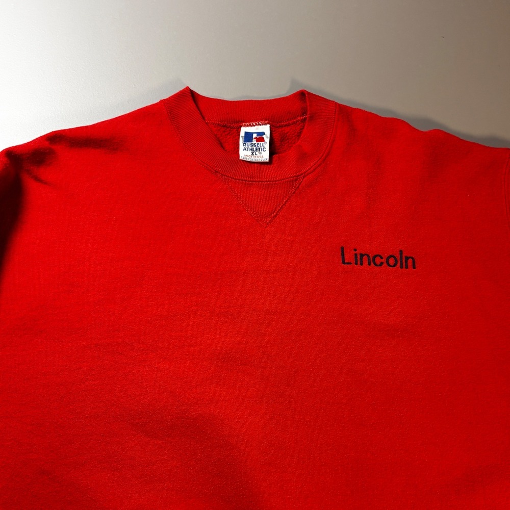 VTG Russell Athletic Red Lincoln Embroidered Crewneck Sweatshirt XL Made in‎ USA